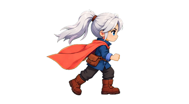 Silver-haired runner with a red cape, extracted from the actual motion video