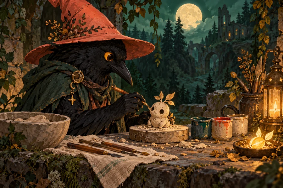 Editorial illustration of a crow sculpting a tiny creature