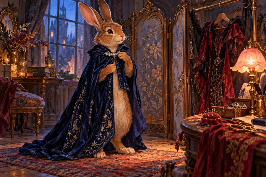 Editorial illustration of a rabbit choosing a velvet cape
