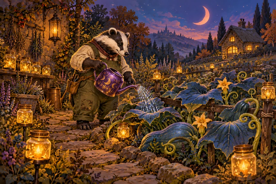 Editorial illustration of a badger and a matching potion garden