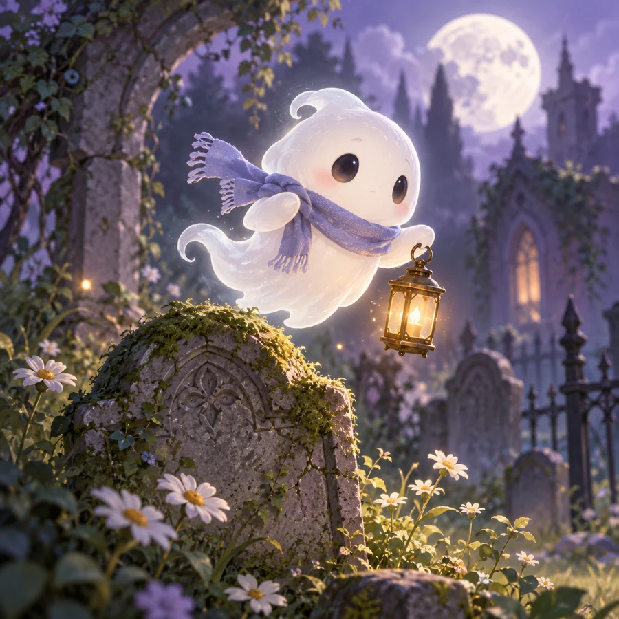 Original friendly ivory ghost holding a lantern and wearing a periwinkle scarf