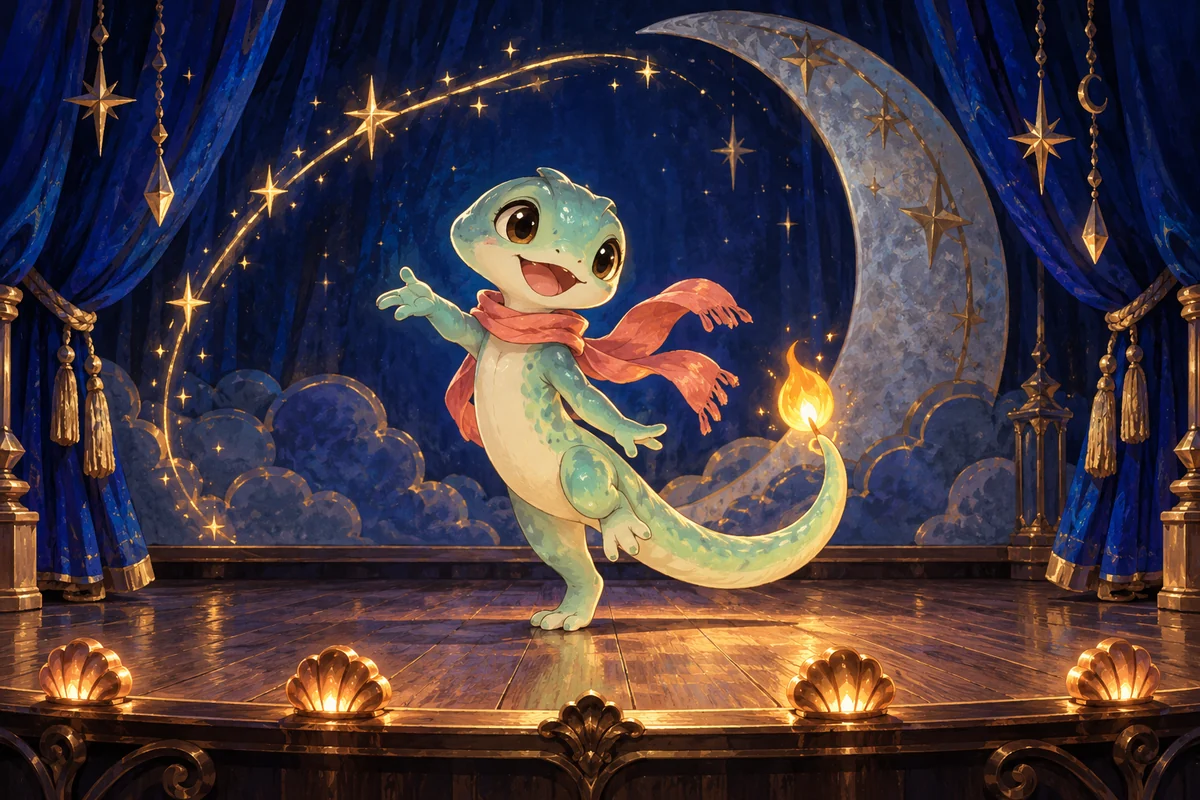 Still editorial illustration of a candle salamander greeting an audience on a moonlit stage