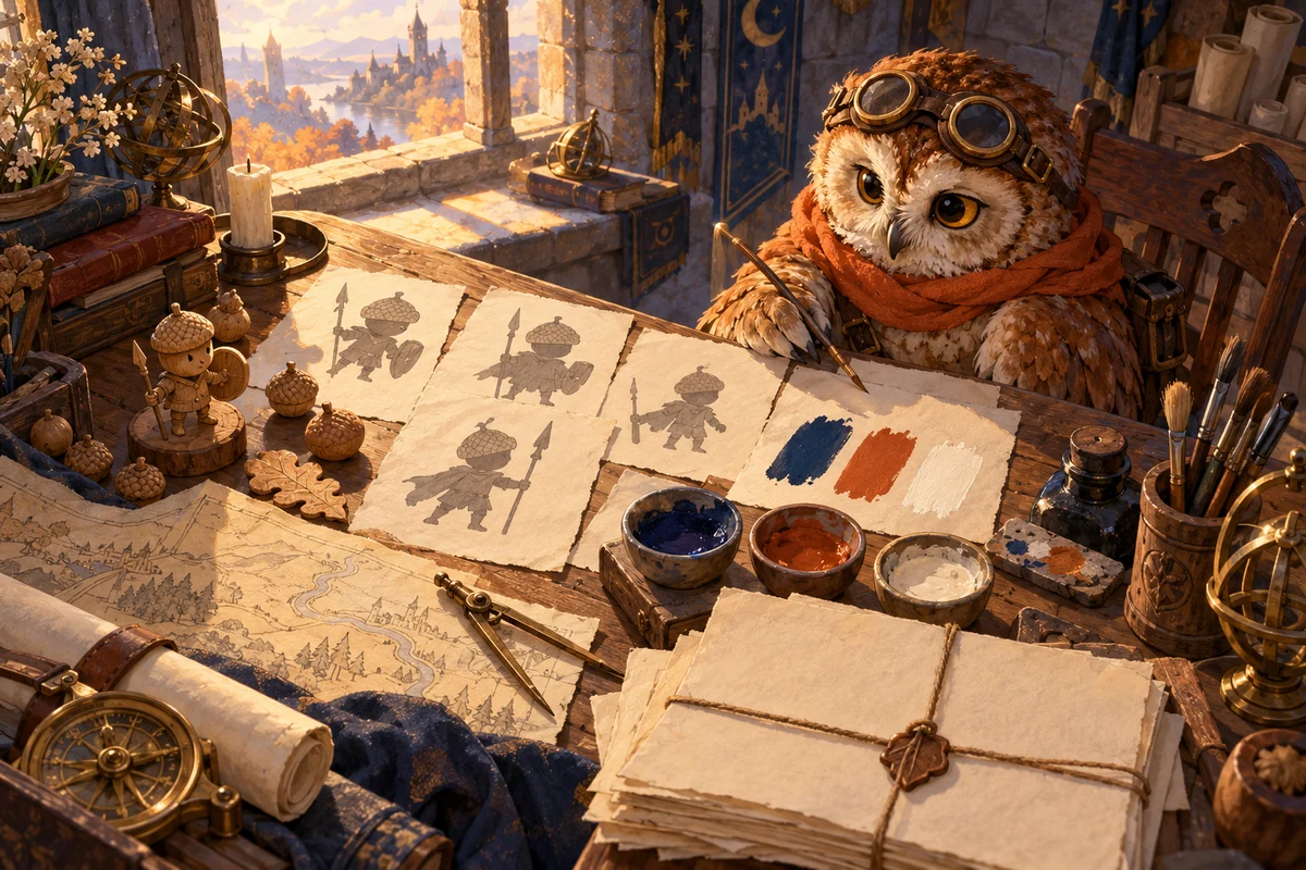Owl cartographer planning an acorn soldier silhouette and three paint colors at a workbench