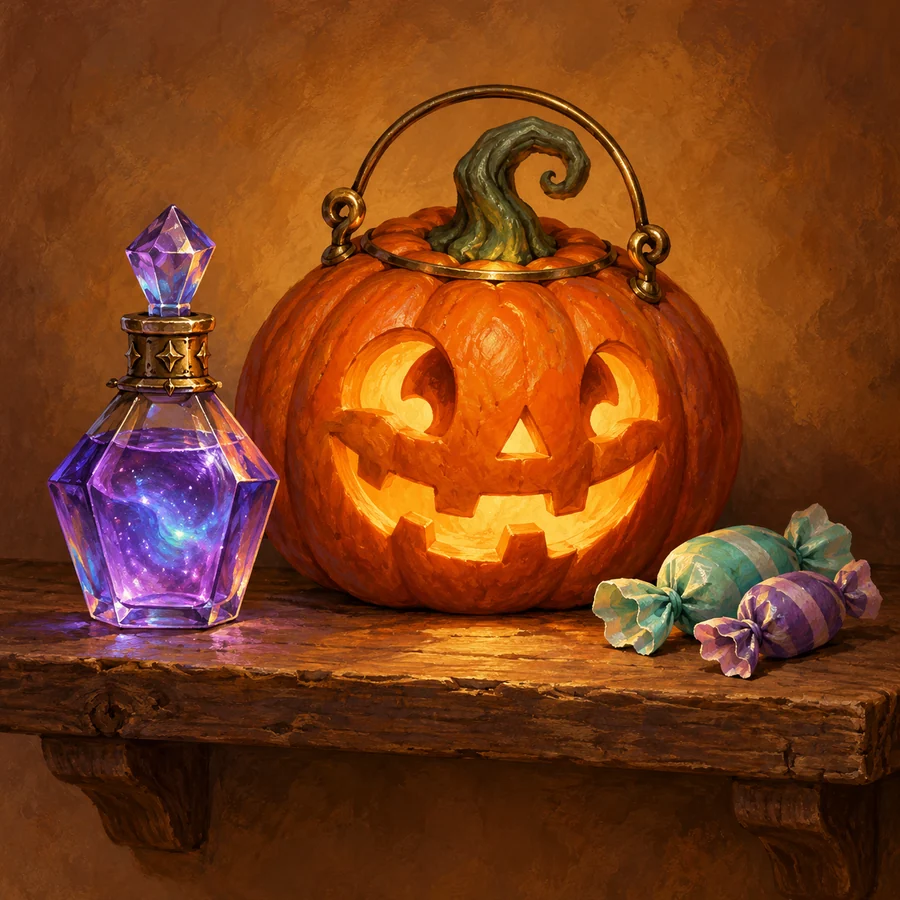 Illustrative item family of a pumpkin lantern, violet potion and wrapped candy