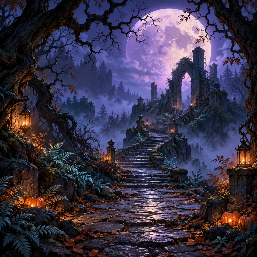 Illustrated moonlit forest path with crooked trees, pumpkins and warm lanterns
