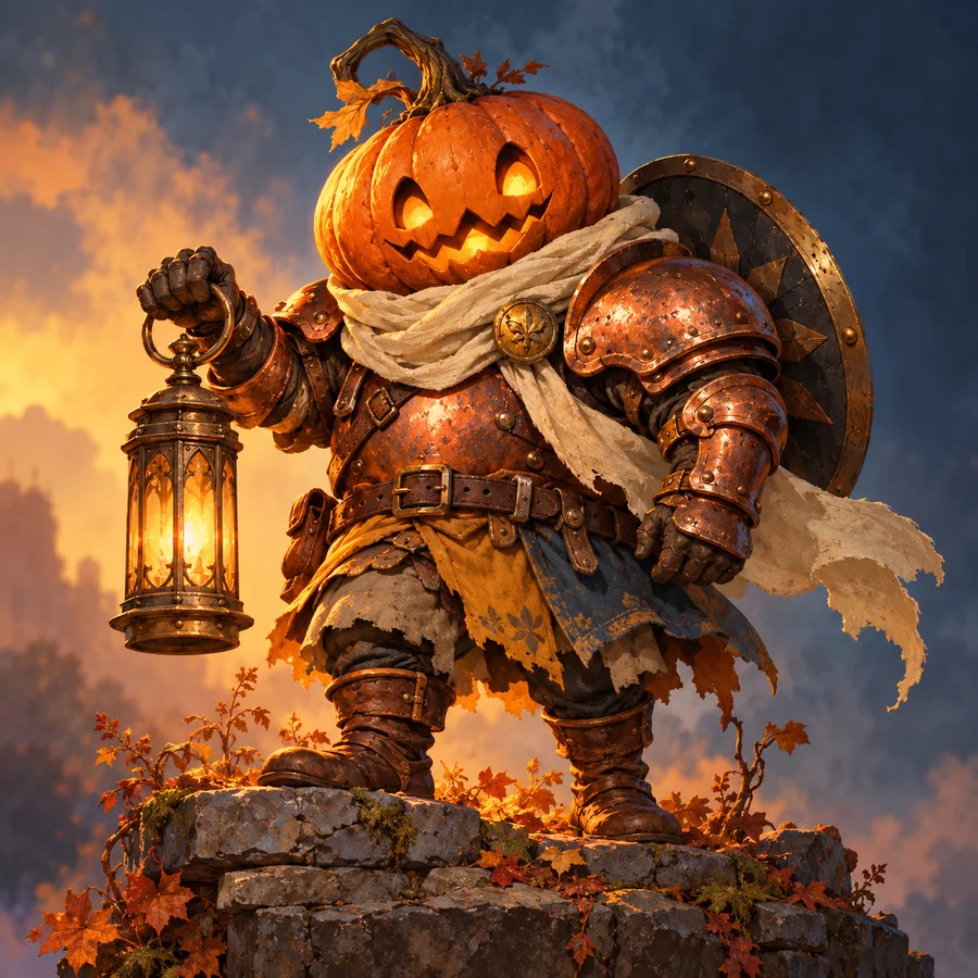 Original pumpkin-headed knight with copper armor, cream scarf and brass lantern