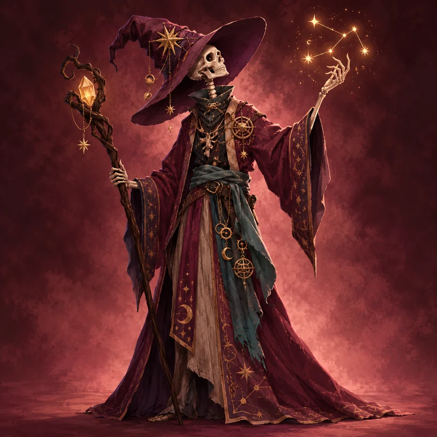 Original skeleton mage with plum wizard hat, mulberry robe and amber crystal staff
