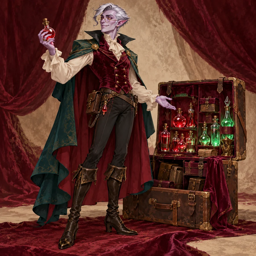 Original small vampire shopkeeper carrying a case of potions