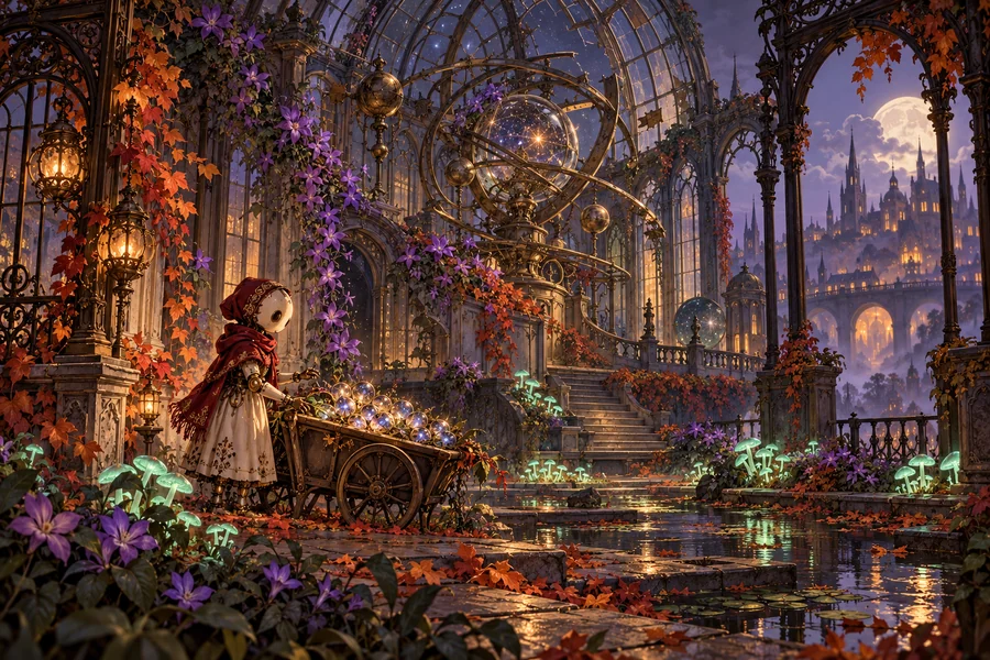 A porcelain gardener, glowing seeds and a brass orrery in an autumn botanical observatory