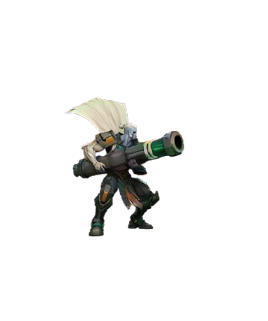 Aerial turning shot: extracted animation of the same ivory-haired guardian carrying a giant cannon