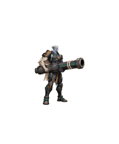 Low dodge: extracted animation of the same ivory-haired guardian carrying a giant cannon