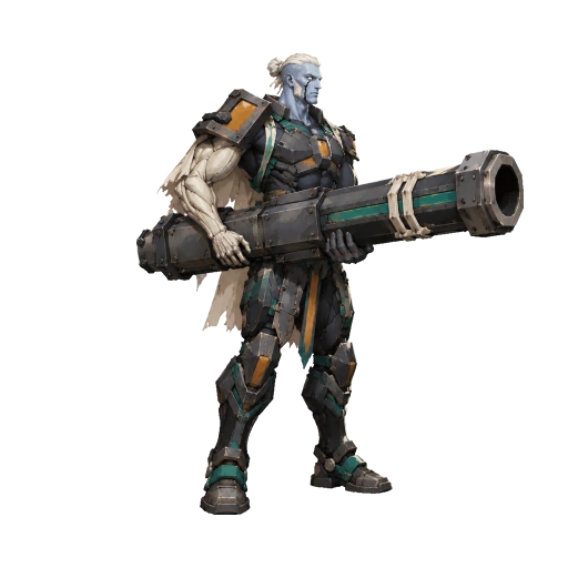Ivory-haired soul-forge guardian reference, holding the same giant teal and coal cannon