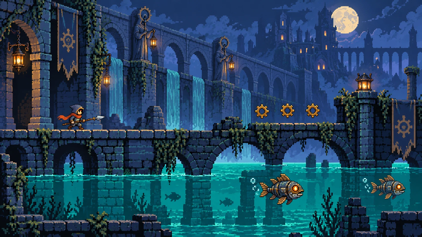 Pixel Art original aqueduct adventure game-art concept