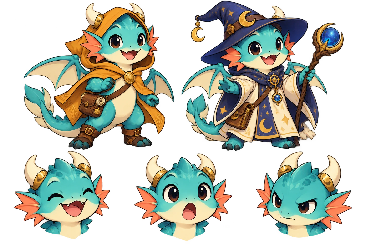 Cartoon turquoise dragon as an explorer and star wizard, with delighted, surprised and determined expressions