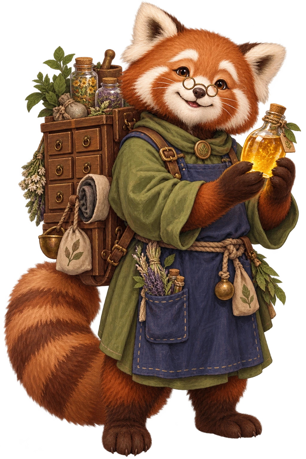 Hand-painted red panda apothecary with herbs, glass bottles and a wooden drawer backpack