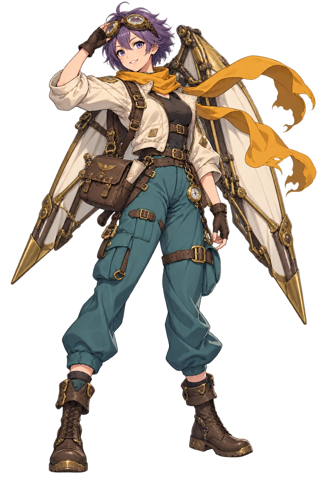 Anime sky courier with violet hair, a brass glider and an ochre scarf
