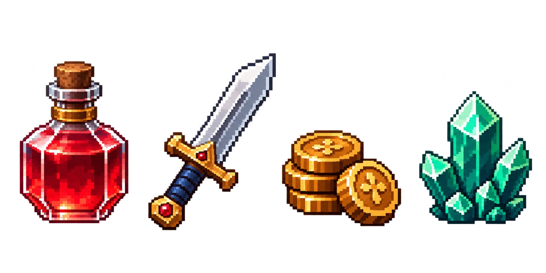 A red potion, silver sword, warm gold coin and emerald gemstone, shown as four distinct game-item directions
