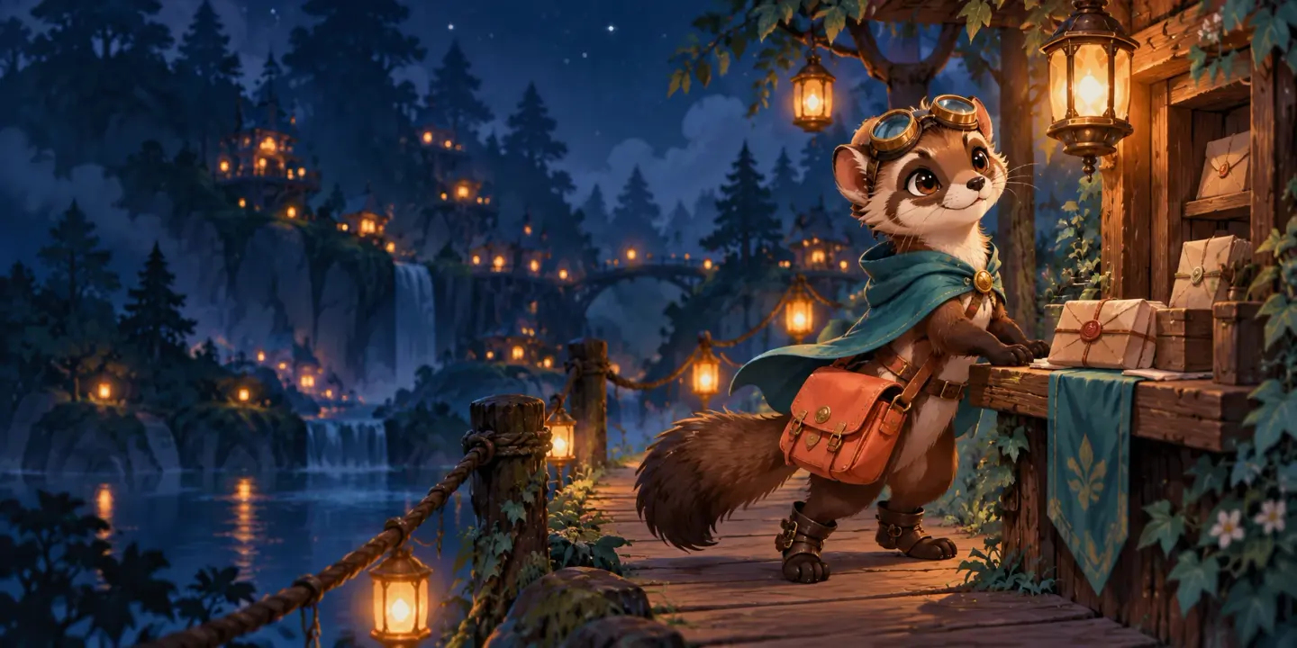 An original cartoon pine-marten courier with a teal cape and orange satchel arriving at a lantern-lit forest post office