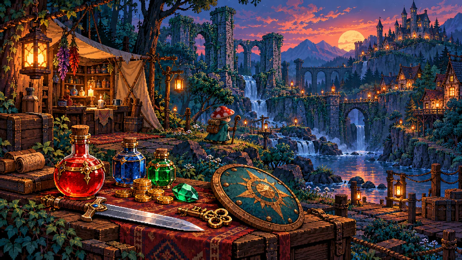 An original pixel-style game-world direction bringing an adventurer, equipment and treasure into a shared fantasy environment