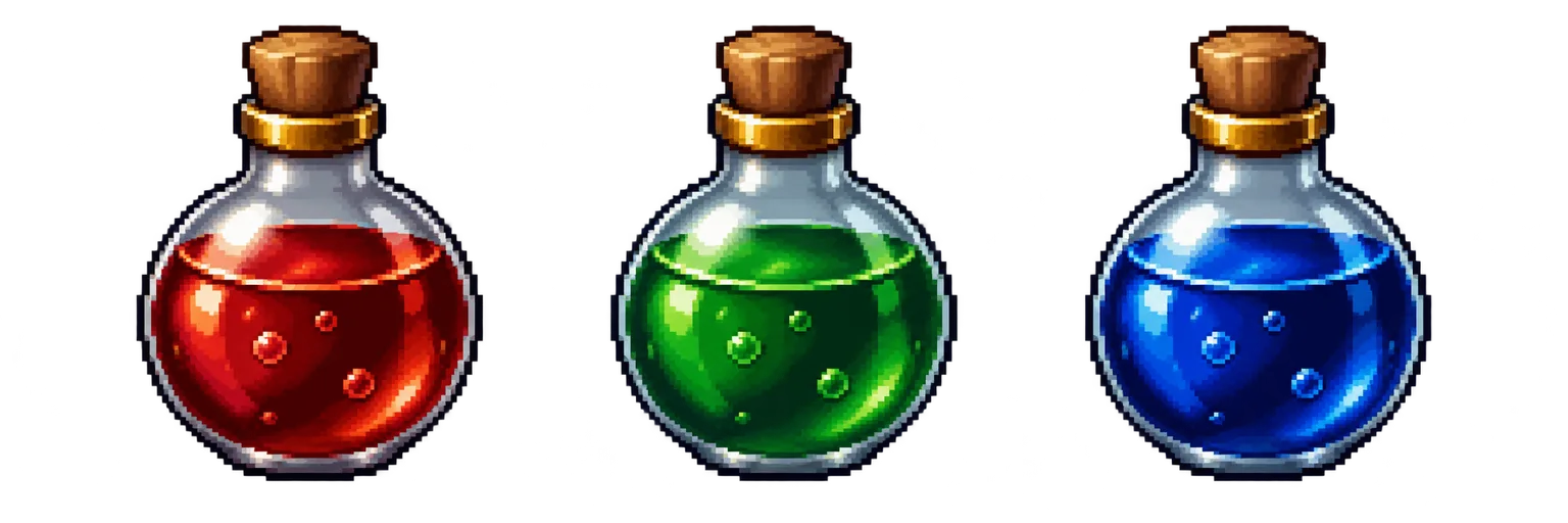 Three matching round potion bottles with red, emerald green and blue liquid, keeping the same cork and gold band