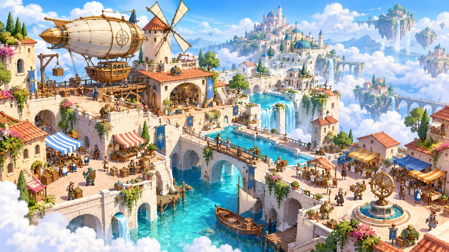 An original daylight sky harbor with elevated canals, beige stone houses, coral roofs, an airship and tiny working townspeople
