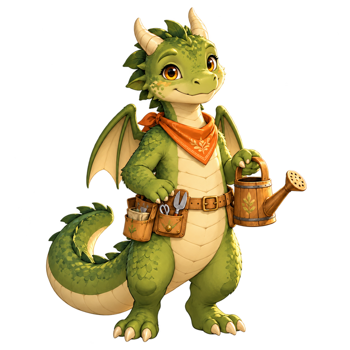 The same dragon after AI background removal, with its wings, tail, tool belt and watering can retained