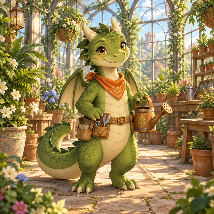 A green dragon gardener with wings, a curled tail and a wooden watering can in a lush greenhouse