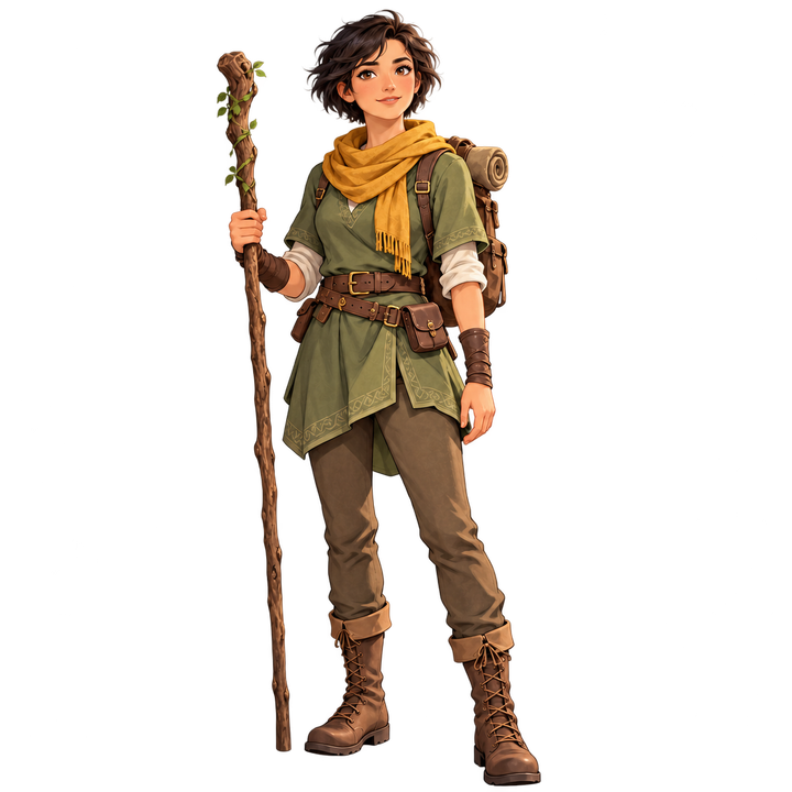 The same ranger isolated from the meadow, with her walking staff, backpack and boots visible