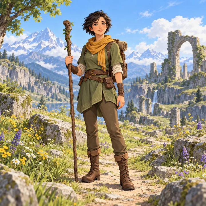 A woman ranger with a walking staff and backpack standing in a mountain meadow