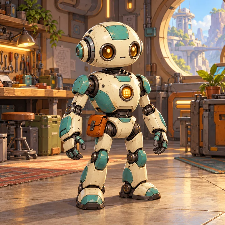 An ivory and teal helper robot with an orange pouch inside a detailed repair workshop