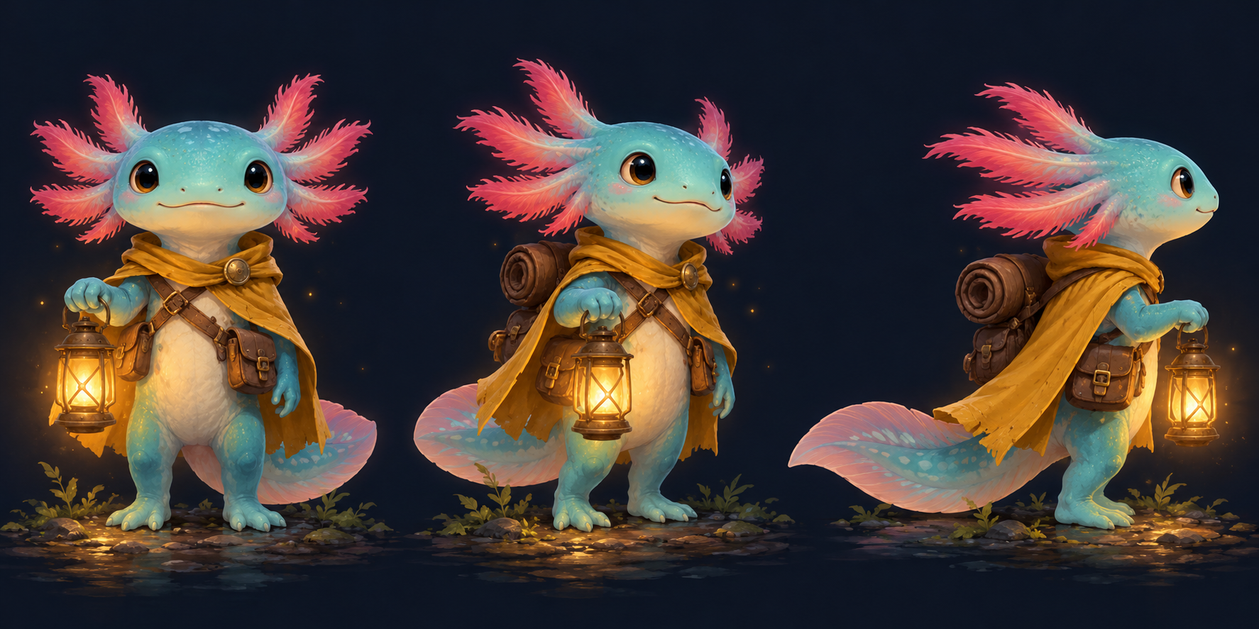 Illustrative axolotl adventurer shown from three viewpoints