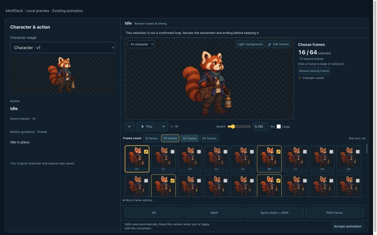 Local animation editor with sixteen of seventy-three red panda frames selected