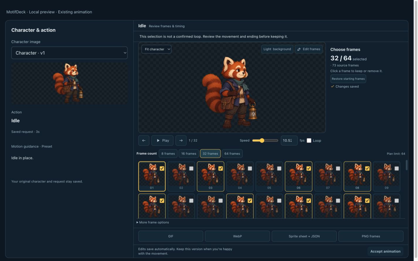 The same local animation editor after selecting thirty-two source frames