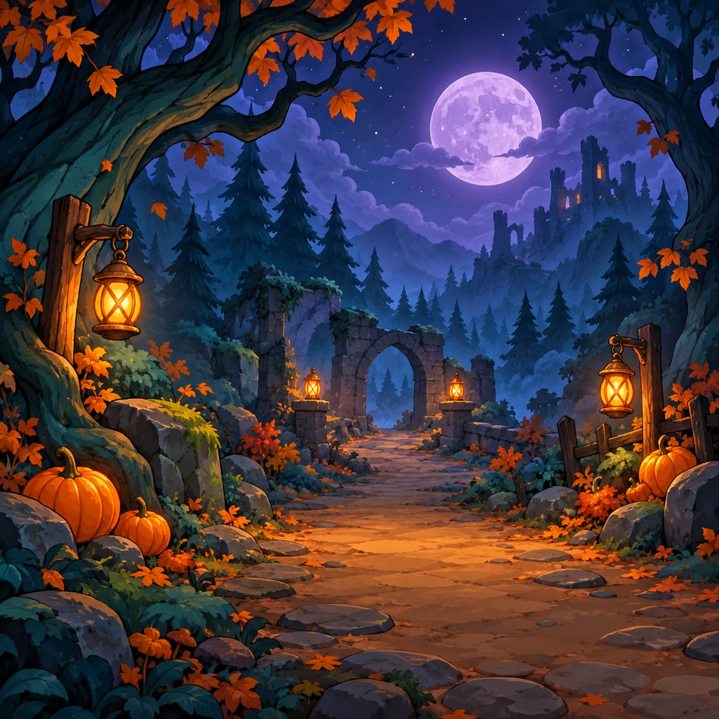 Actual generated background: violet moon, dark teal forest, stone arch and a clear central path