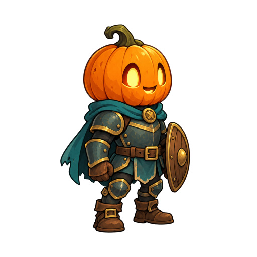 Exported pumpkin knight: complete head, teal armor and cape, two boots and wooden shield