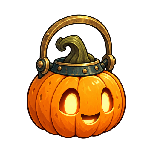 Actual separate pumpkin lantern with warm amber light, a brass handle and dark teal trim