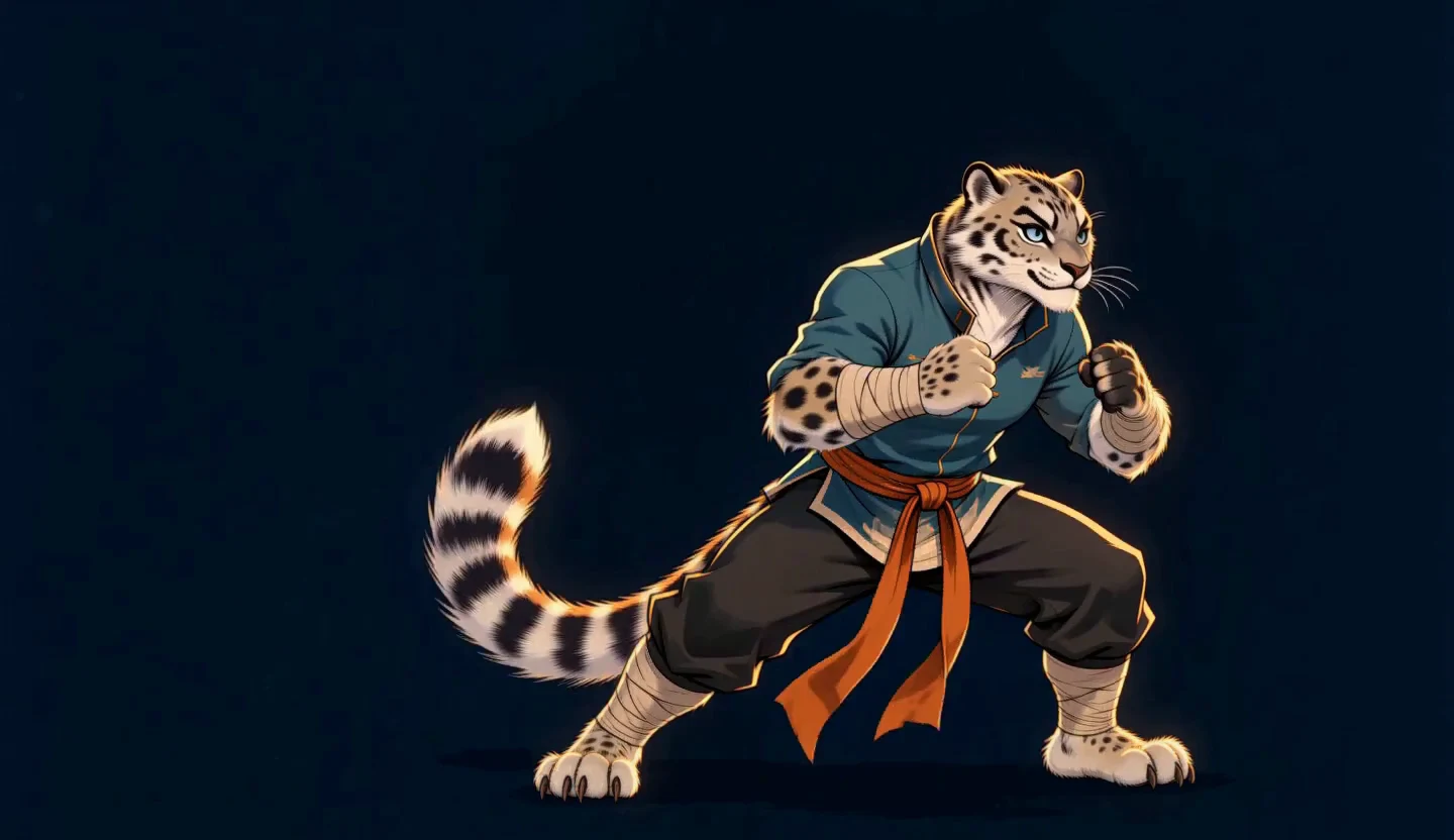 Animated snow-leopard martial artist performing a turning kick, with its orange belt and tail following the movement