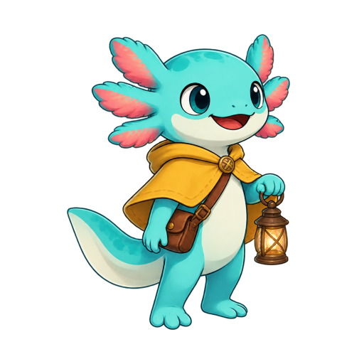 Actual generated turquoise axolotl character wearing a mustard cape and carrying a lantern