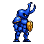Actual 64 by 64 pixel export of a blue armored beetle knight holding a gold shield
