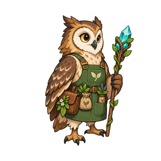 Actual Character Mixer result: a brown owl botanist in a green gardening apron, holding a leafy staff topped with a teal crystal