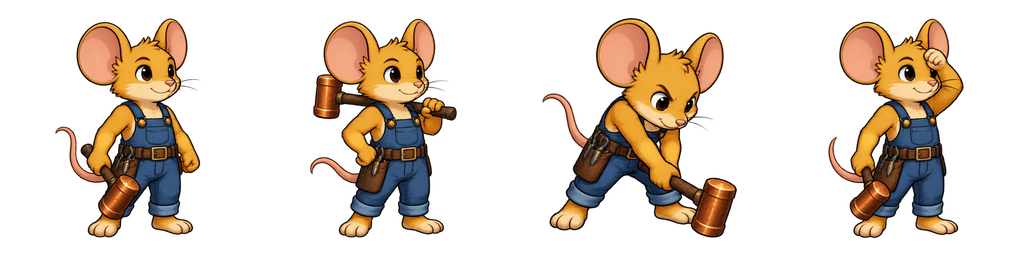 Actual packed PNG sheet containing four supplied mouse-blacksmith poses on transparent backgrounds