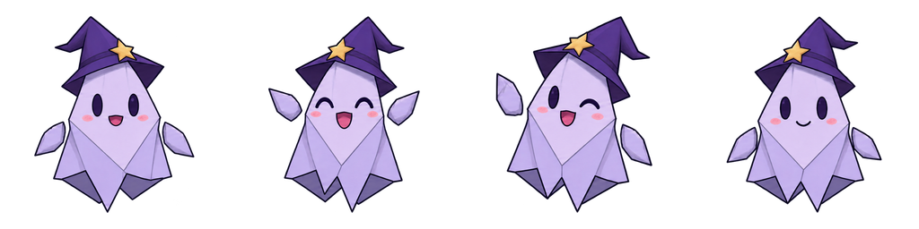 Original PNG sheet containing four supplied purple origami-ghost poses