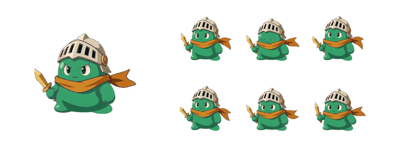 Armored slime palette demonstration: the original moving character beside six fixed source poses; every pose changes color together; finally the green and violet versions play the identical source motion in sync