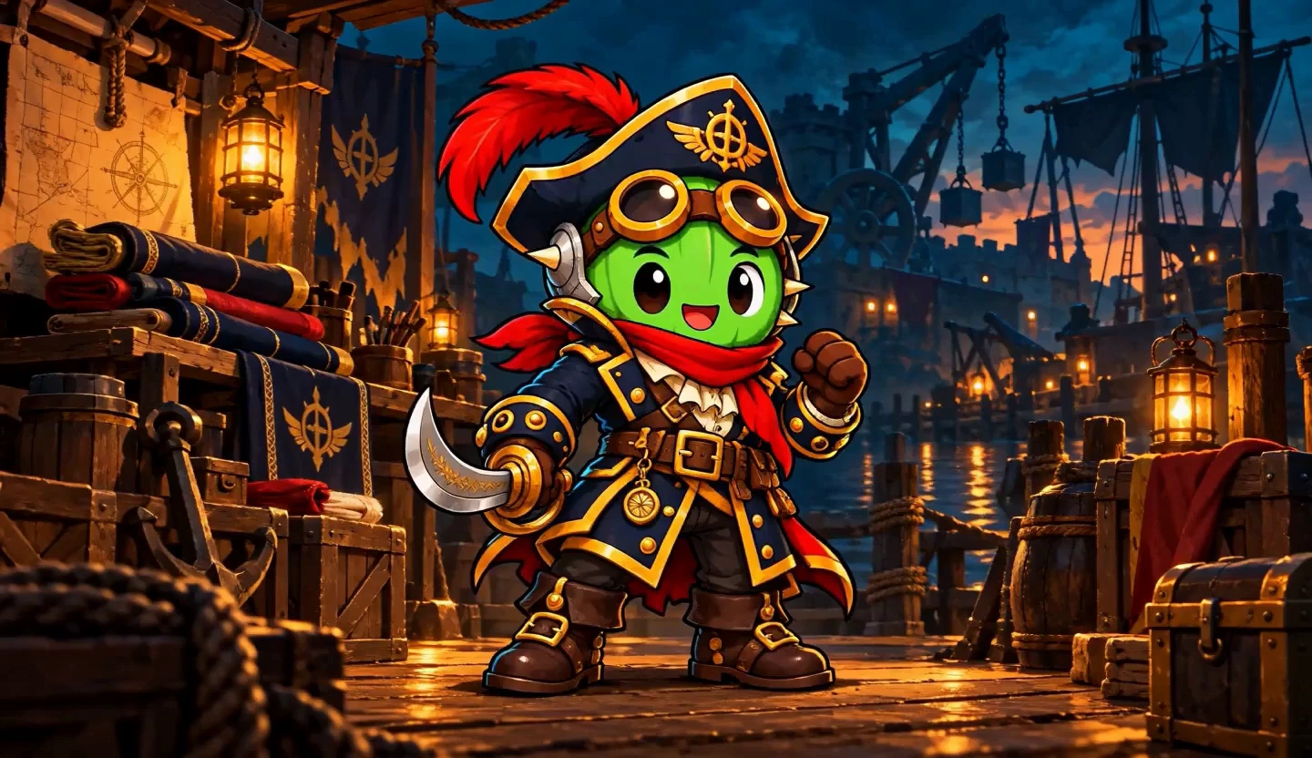 The same cactus hero changing outfits and expressions, then jumping and swinging a glowing cutlass with ground shadows before fighting matching harbor enemies